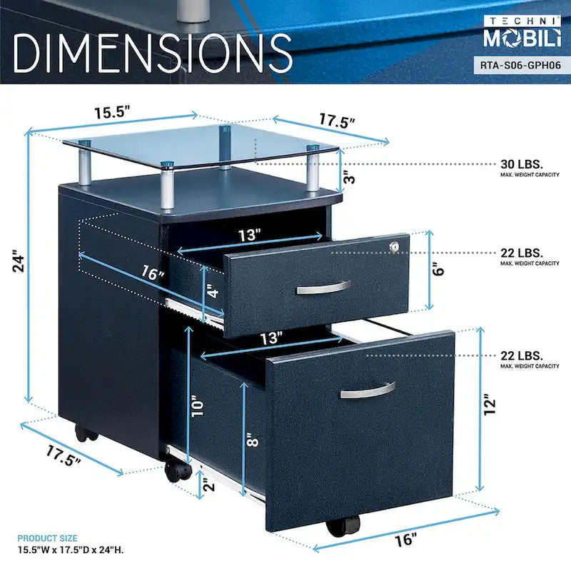 Classeur mobile à roulettes avec plateau en verre trempé et tiroirs verrouillables Gris graphite