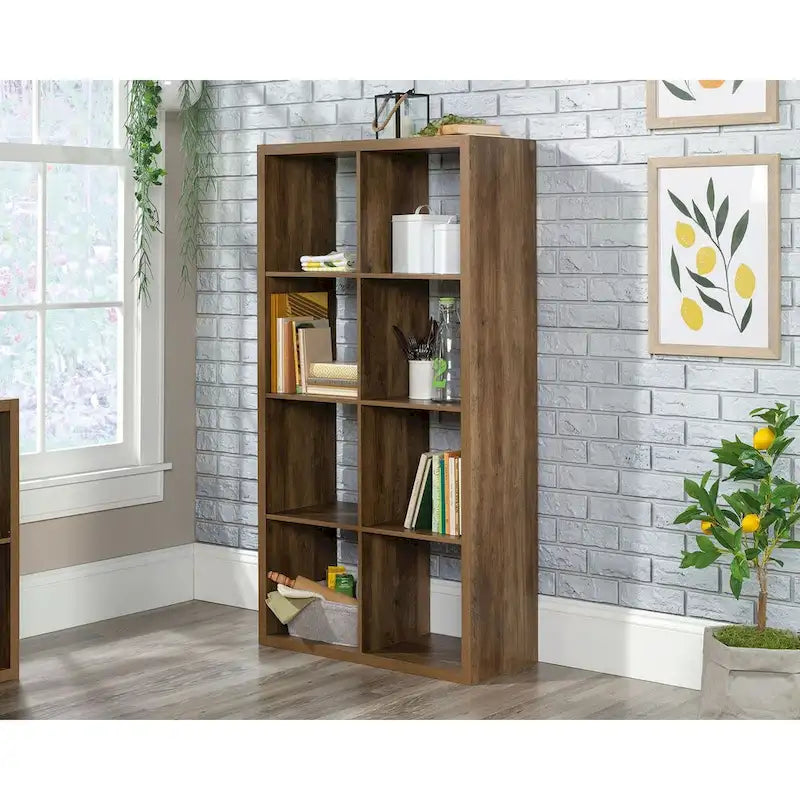 Bibliothèque de rangement 8 cubes, étagère ouverte, finition bois rustique