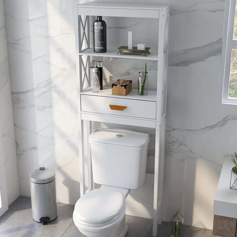Meuble de rangement blanc à placer au-dessus des toilettes avec tiroir et étagères ouvertes