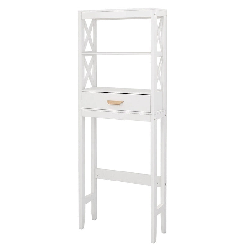 Meuble de rangement blanc à placer au-dessus des toilettes avec tiroir et étagères ouvertes