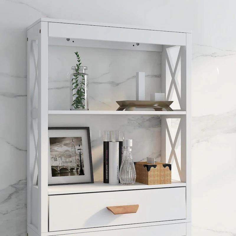 Meuble de rangement blanc à placer au-dessus des toilettes avec tiroir et étagères ouvertes