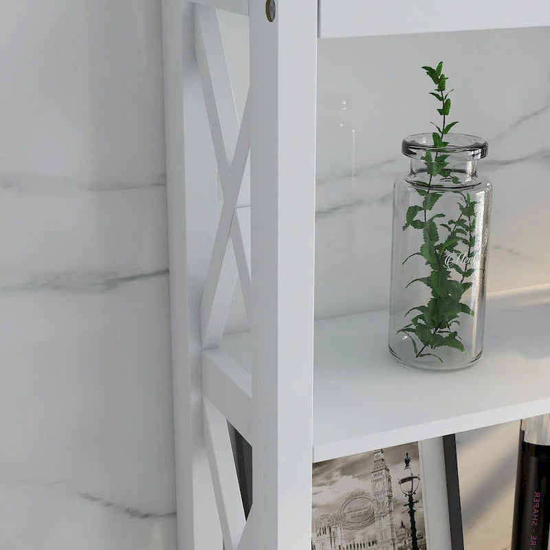 Meuble de rangement blanc à placer au-dessus des toilettes avec tiroir et étagères ouvertes
