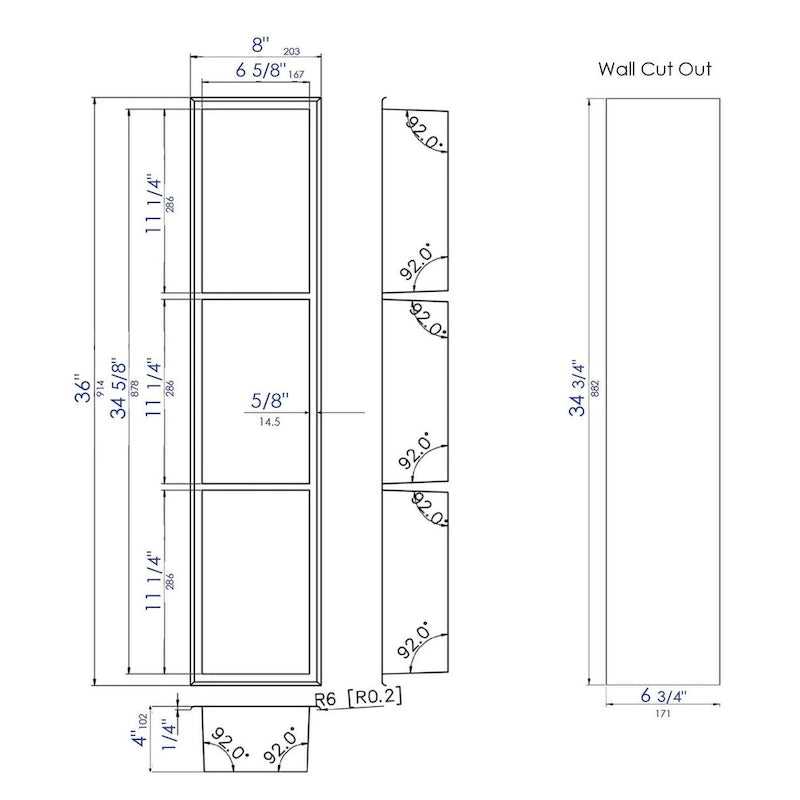Niche de douche encastrée verticale triple étagère en acier inoxydable blanc mat 8 x 36