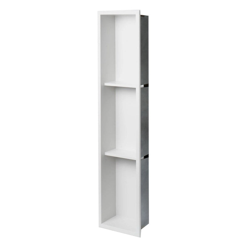 Niche de douche encastrée verticale triple étagère en acier inoxydable blanc mat 8 x 36