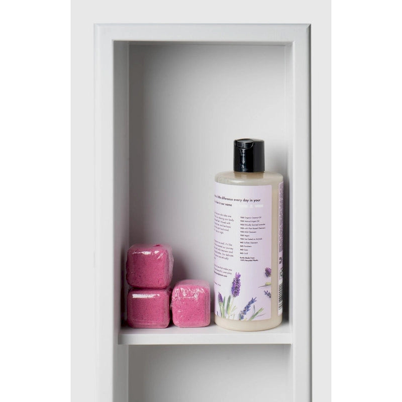 Niche de douche encastrée verticale triple étagère en acier inoxydable blanc mat 8 x 36