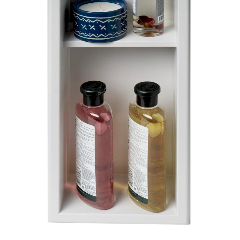 Niche de douche encastrée verticale triple étagère en acier inoxydable blanc mat 8 x 36