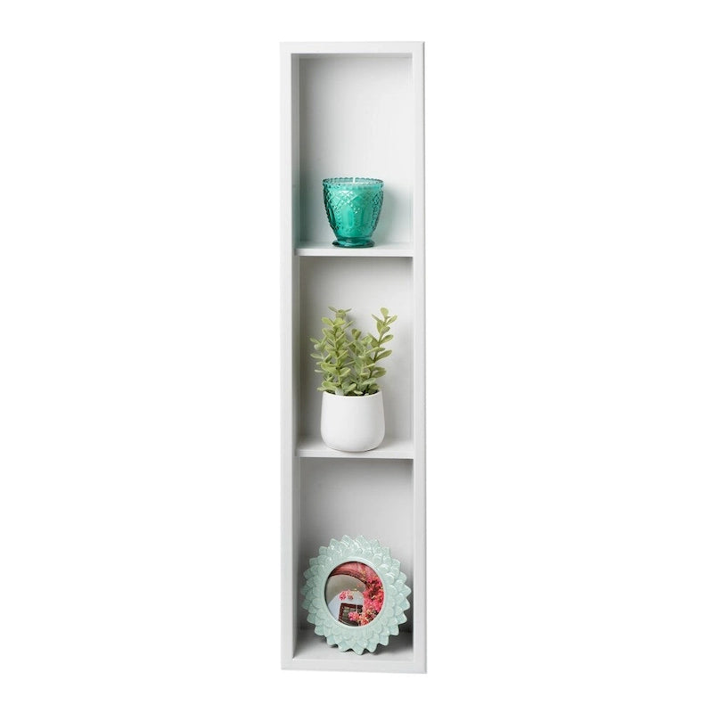 Niche de douche encastrée verticale triple étagère en acier inoxydable blanc mat 8 x 36