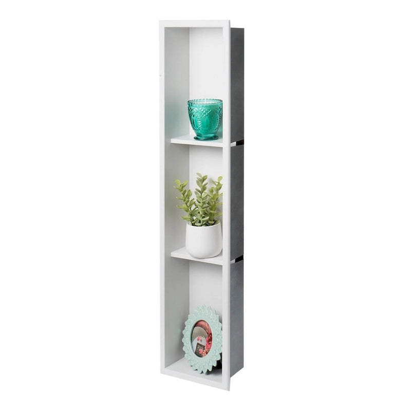 Niche de douche encastrée verticale triple étagère en acier inoxydable blanc mat 8 x 36