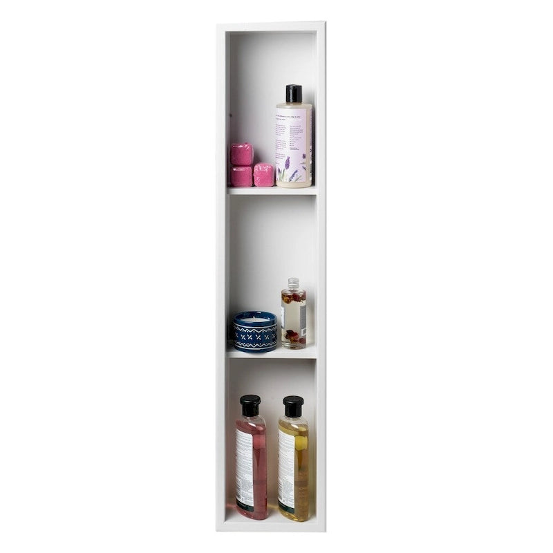 Niche de douche encastrée verticale triple étagère en acier inoxydable blanc mat 8 x 36