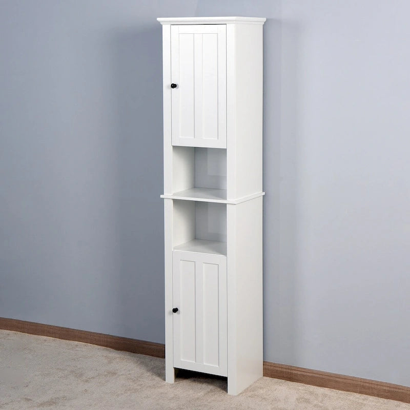 Armoire de rangement haute blanche autoportante avec 2 portes et étagères ouvertes