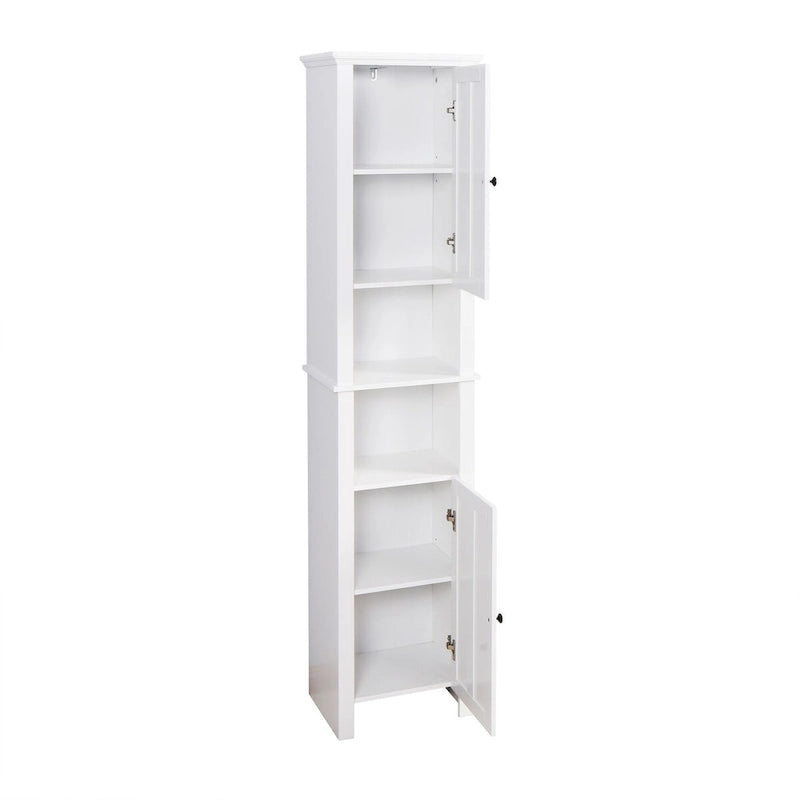 Armoire de rangement haute blanche autoportante avec 2 portes et étagères ouvertes