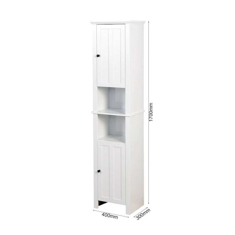 Armoire de rangement haute blanche autoportante avec 2 portes et étagères ouvertes