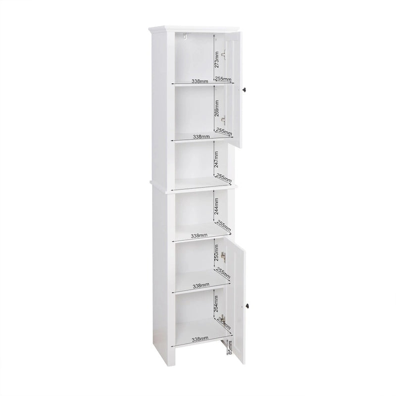 Armoire de rangement haute blanche autoportante avec 2 portes et étagères ouvertes