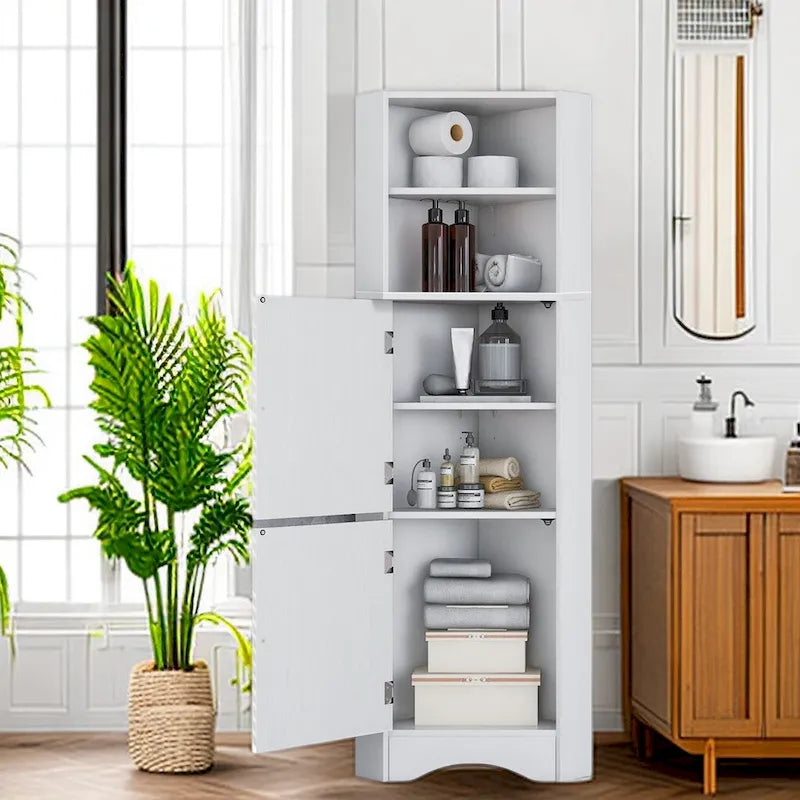 Meuble de rangement haut d'angle blanc pour salle de bain avec portes et étagères réglables