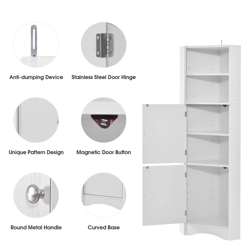 Meuble de rangement haut d'angle blanc pour salle de bain avec portes et étagères réglables