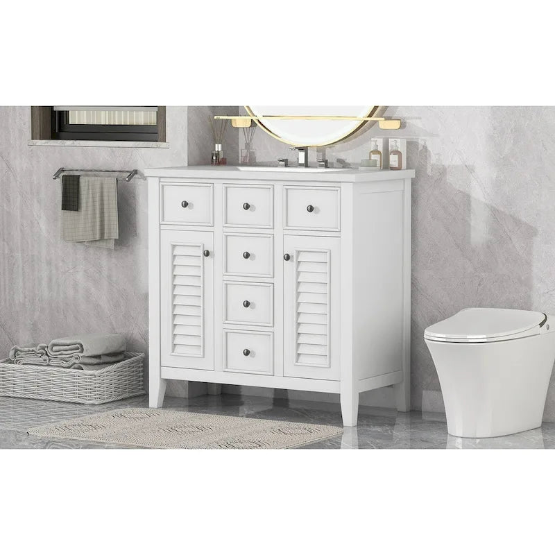 Meuble-lavabo gris-blanc en bois massif avec évier en céramique, cinq tiroirs et portes à persiennes