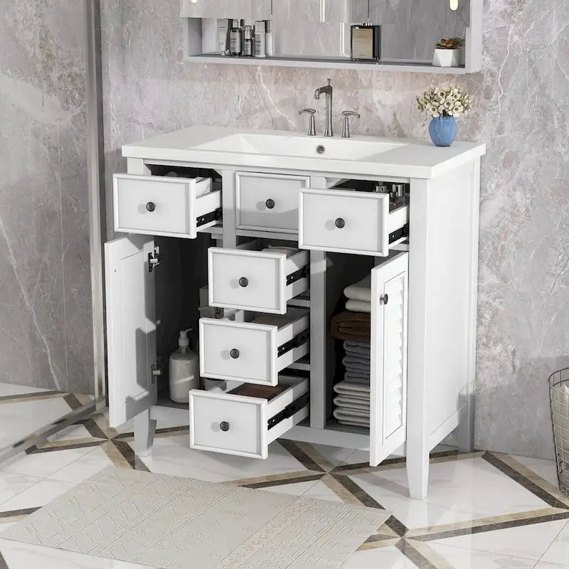 Meuble-lavabo gris-blanc en bois massif avec évier en céramique, cinq tiroirs et portes à persiennes