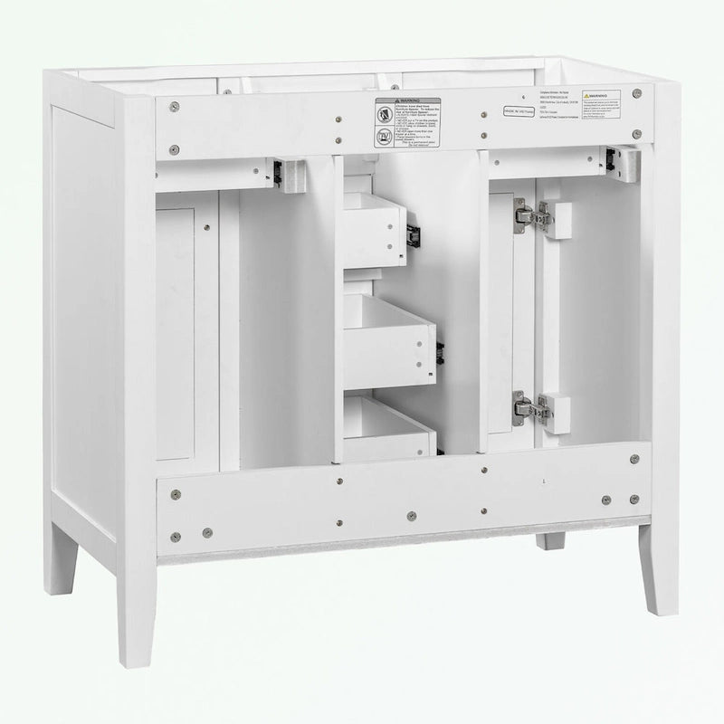 Meuble-lavabo gris-blanc en bois massif avec évier en céramique, cinq tiroirs et portes à persiennes