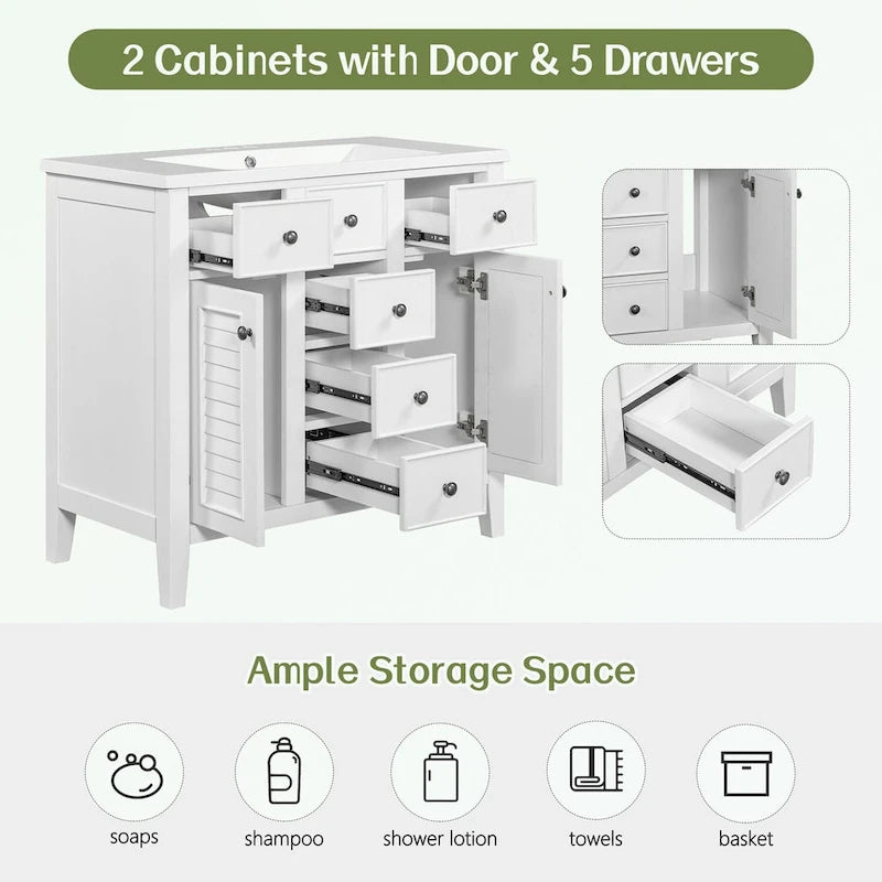 Meuble-lavabo gris-blanc en bois massif avec évier en céramique, cinq tiroirs et portes à persiennes