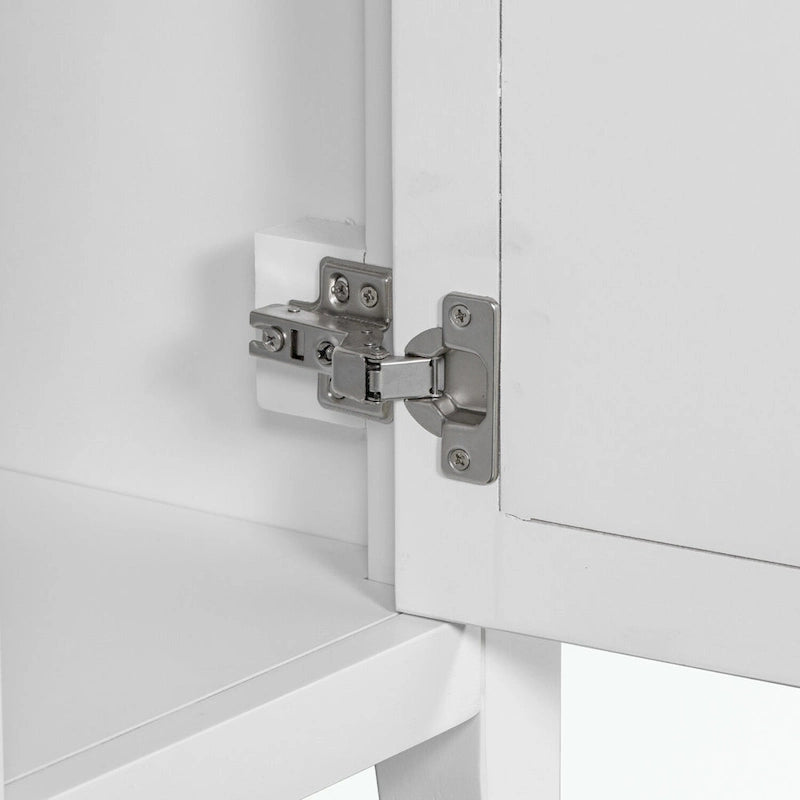 Meuble-lavabo gris-blanc en bois massif avec évier en céramique, cinq tiroirs et portes à persiennes