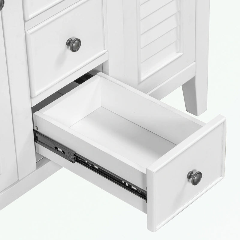 Meuble-lavabo gris-blanc en bois massif avec évier en céramique, cinq tiroirs et portes à persiennes