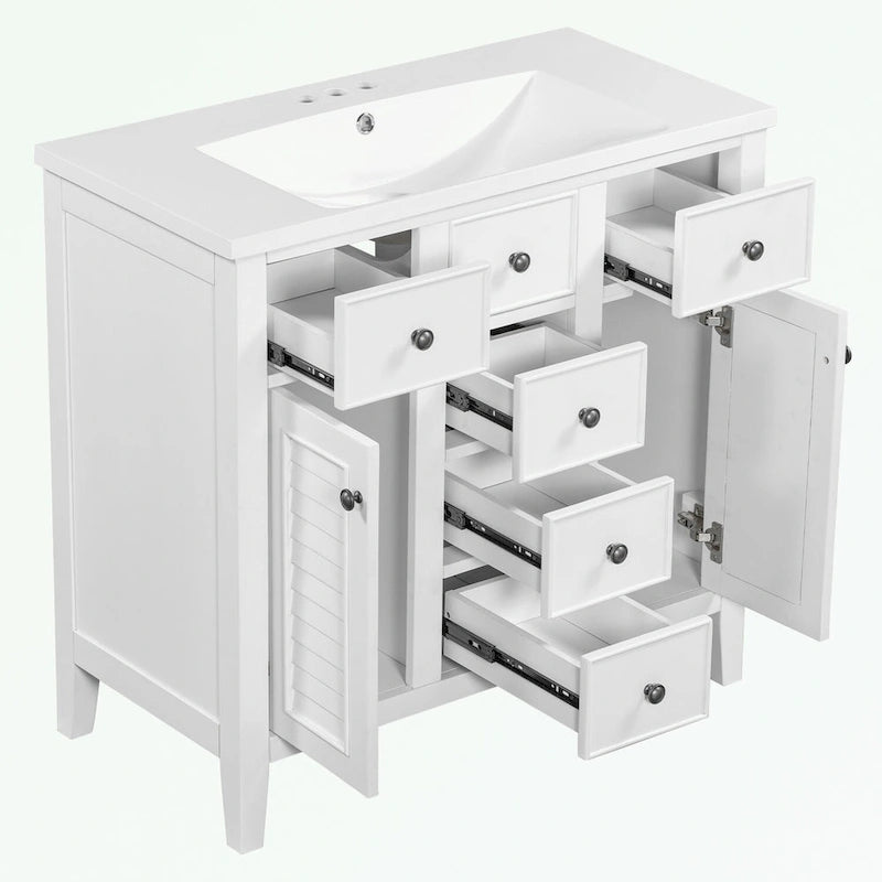Meuble-lavabo gris-blanc en bois massif avec évier en céramique, cinq tiroirs et portes à persiennes
