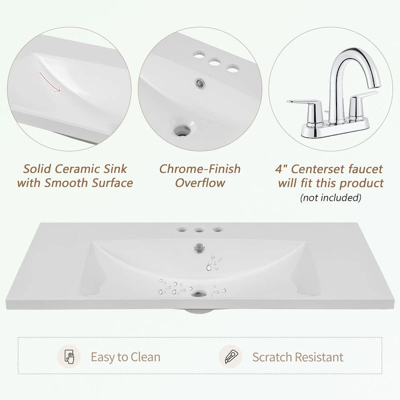 Meuble-lavabo gris-blanc en bois massif avec évier en céramique, cinq tiroirs et portes à persiennes