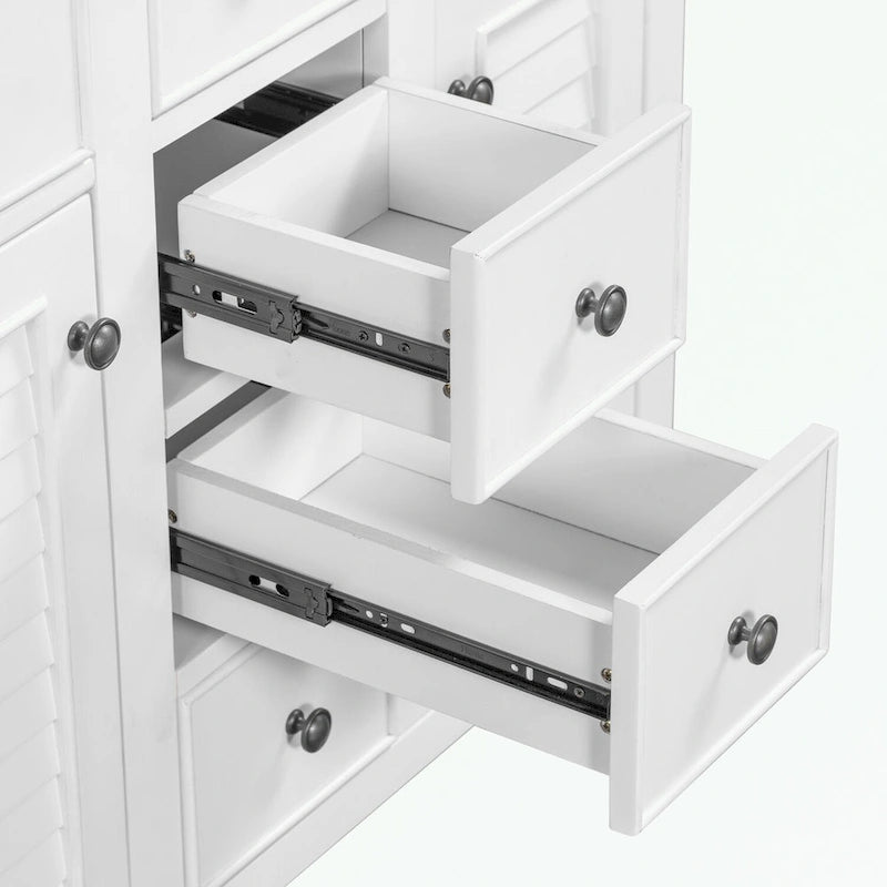 Meuble-lavabo gris-blanc en bois massif avec évier en céramique, cinq tiroirs et portes à persiennes