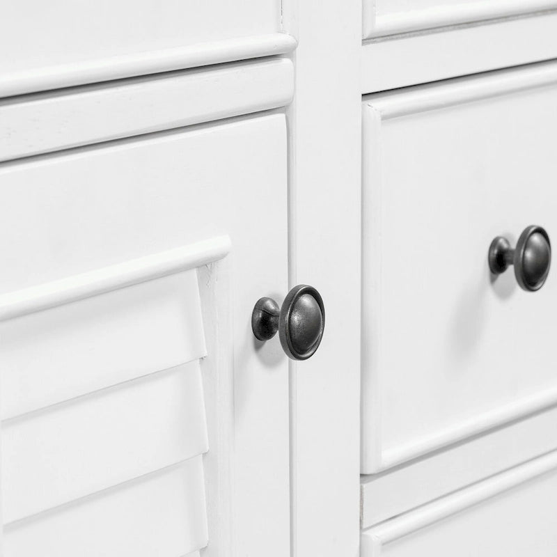 Meuble-lavabo gris-blanc en bois massif avec évier en céramique, cinq tiroirs et portes à persiennes