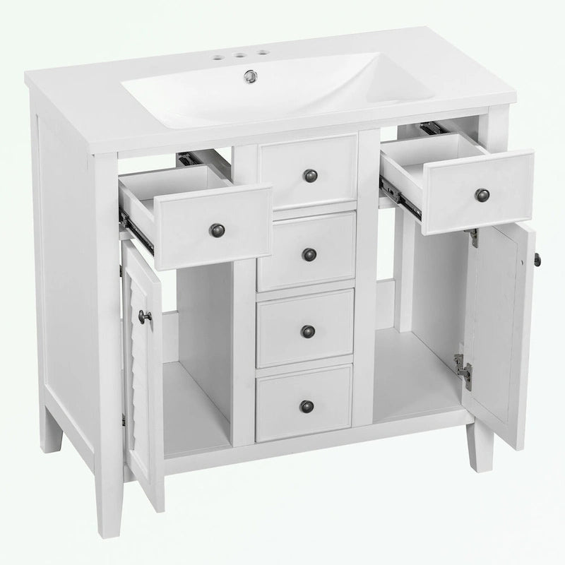 Meuble-lavabo gris-blanc en bois massif avec évier en céramique, cinq tiroirs et portes à persiennes