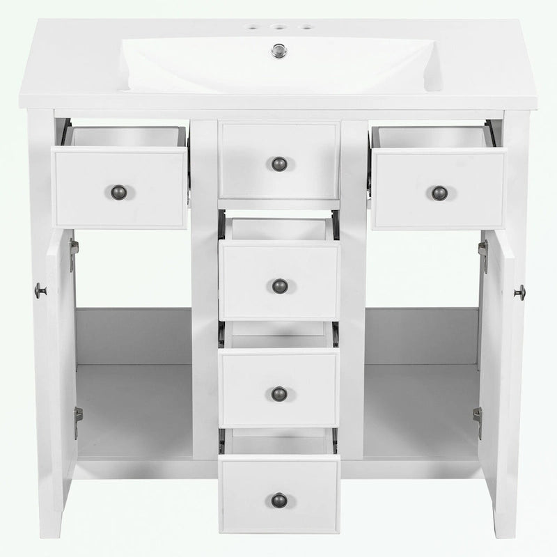 Meuble-lavabo gris-blanc en bois massif avec évier en céramique, cinq tiroirs et portes à persiennes