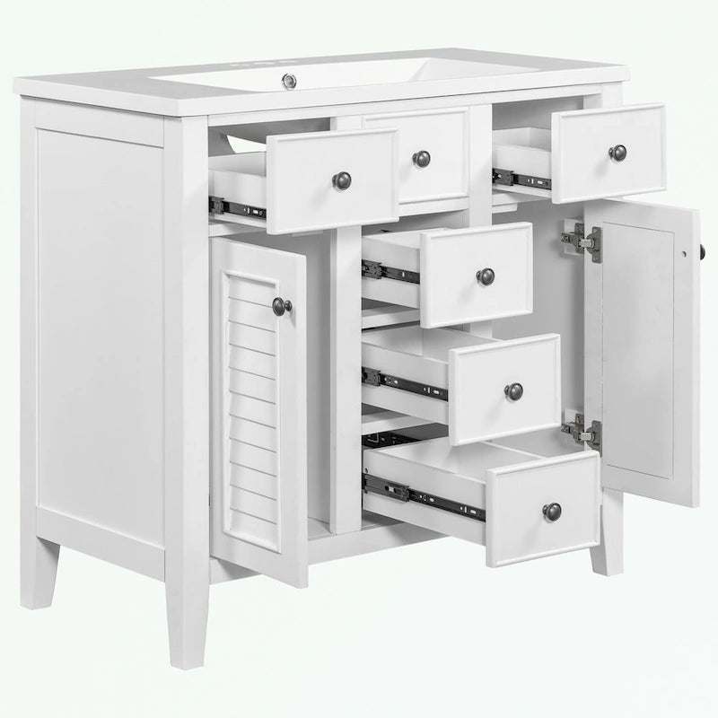 Meuble-lavabo gris-blanc en bois massif avec évier en céramique, cinq tiroirs et portes à persiennes