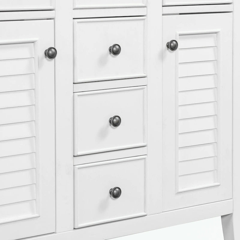 Meuble-lavabo gris-blanc en bois massif avec évier en céramique, cinq tiroirs et portes à persiennes