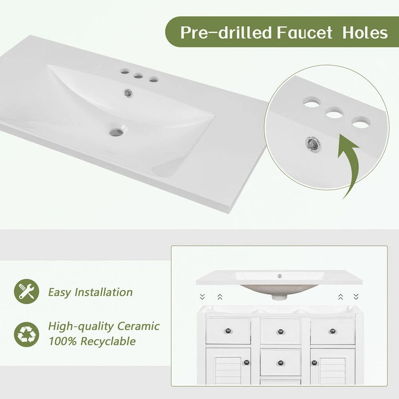 Meuble-lavabo gris-blanc en bois massif avec évier en céramique, cinq tiroirs et portes à persiennes