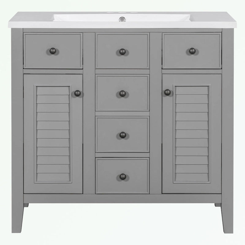 Meuble-lavabo gris-blanc en bois massif avec évier en céramique, cinq tiroirs et portes à persiennes