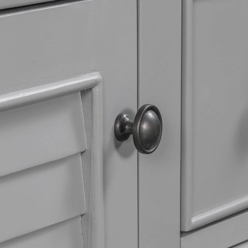 Meuble-lavabo gris-blanc en bois massif avec évier en céramique, cinq tiroirs et portes à persiennes