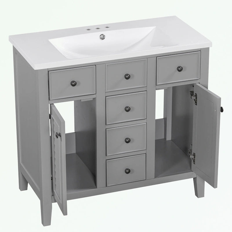 Meuble-lavabo gris-blanc en bois massif avec évier en céramique, cinq tiroirs et portes à persiennes
