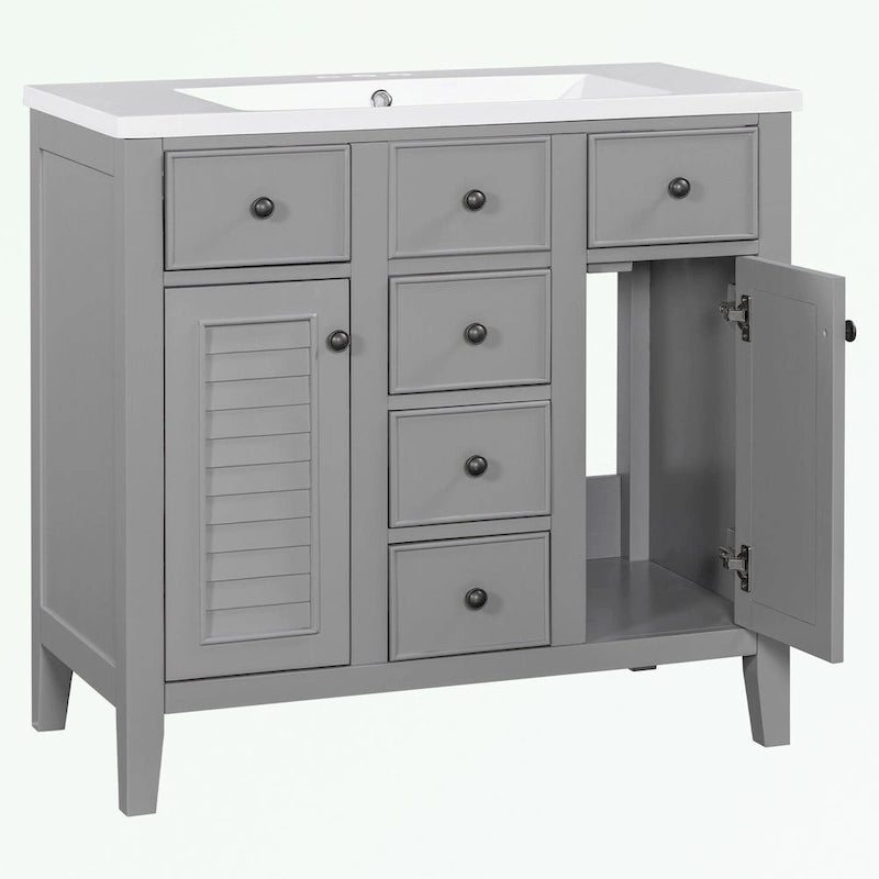 Meuble-lavabo gris-blanc en bois massif avec évier en céramique, cinq tiroirs et portes à persiennes