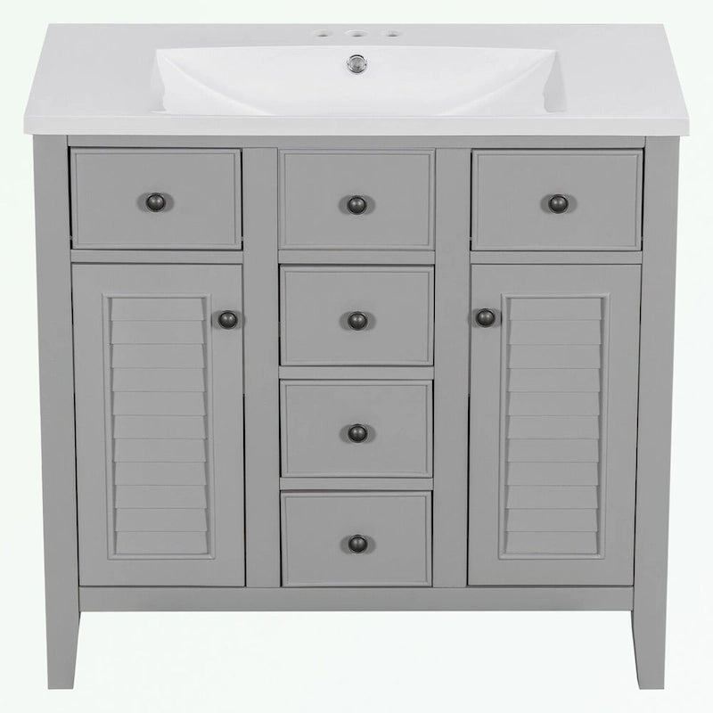 Meuble-lavabo gris-blanc en bois massif avec évier en céramique, cinq tiroirs et portes à persiennes