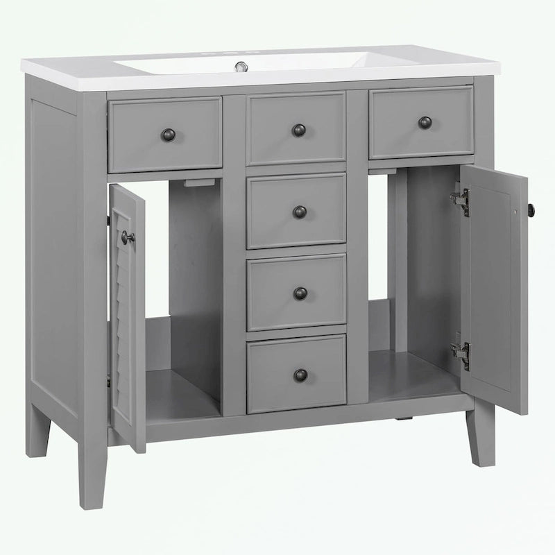 Meuble-lavabo gris-blanc en bois massif avec évier en céramique, cinq tiroirs et portes à persiennes