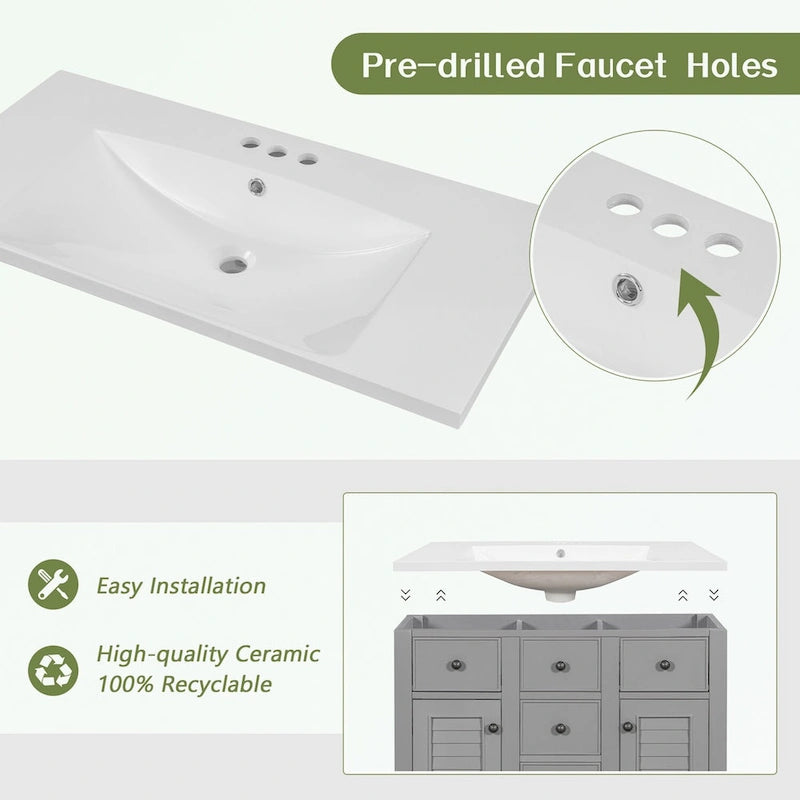 Meuble-lavabo gris-blanc en bois massif avec évier en céramique, cinq tiroirs et portes à persiennes