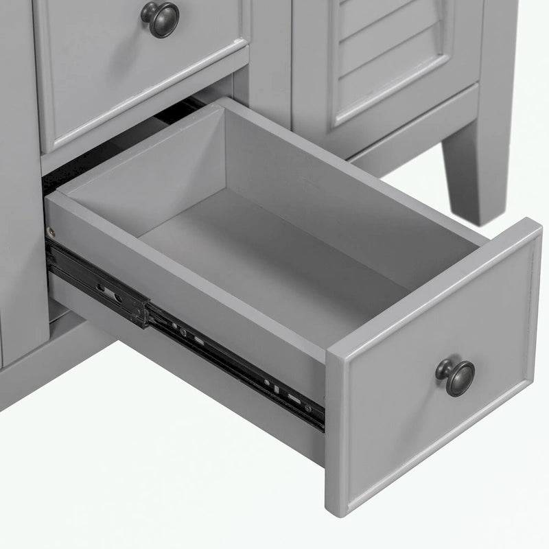 Meuble-lavabo gris-blanc en bois massif avec évier en céramique, cinq tiroirs et portes à persiennes