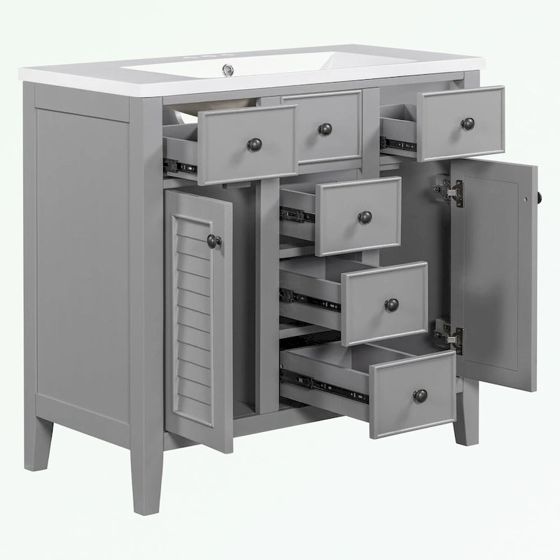 Meuble-lavabo gris-blanc en bois massif avec évier en céramique, cinq tiroirs et portes à persiennes