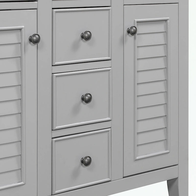 Meuble-lavabo gris-blanc en bois massif avec évier en céramique, cinq tiroirs et portes à persiennes