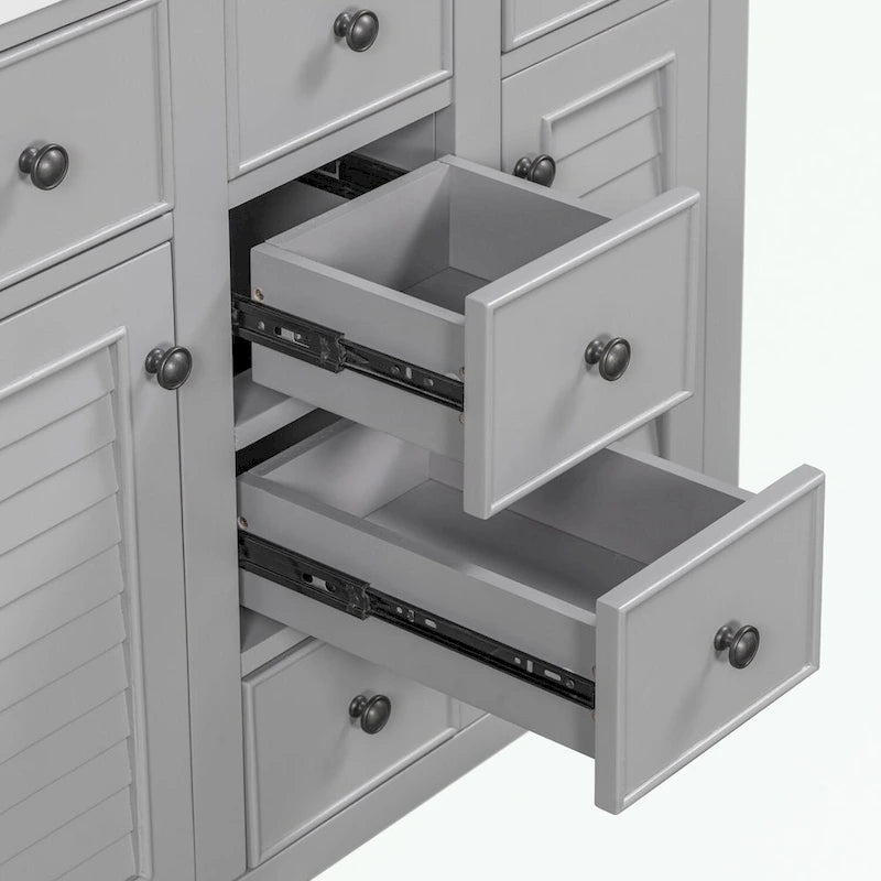 Meuble-lavabo gris-blanc en bois massif avec évier en céramique, cinq tiroirs et portes à persiennes