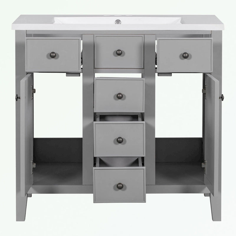 Meuble-lavabo gris-blanc en bois massif avec évier en céramique, cinq tiroirs et portes à persiennes