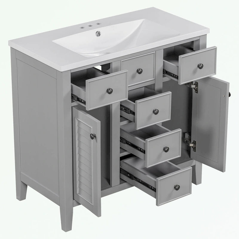 Meuble-lavabo gris-blanc en bois massif avec évier en céramique, cinq tiroirs et portes à persiennes