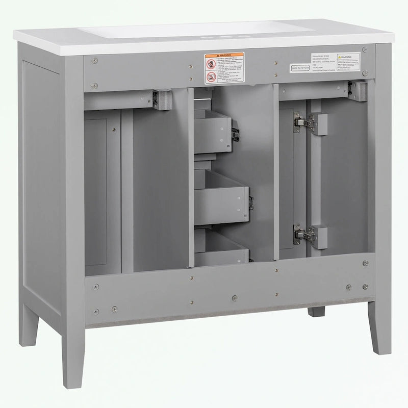 Meuble-lavabo gris-blanc en bois massif avec évier en céramique, cinq tiroirs et portes à persiennes