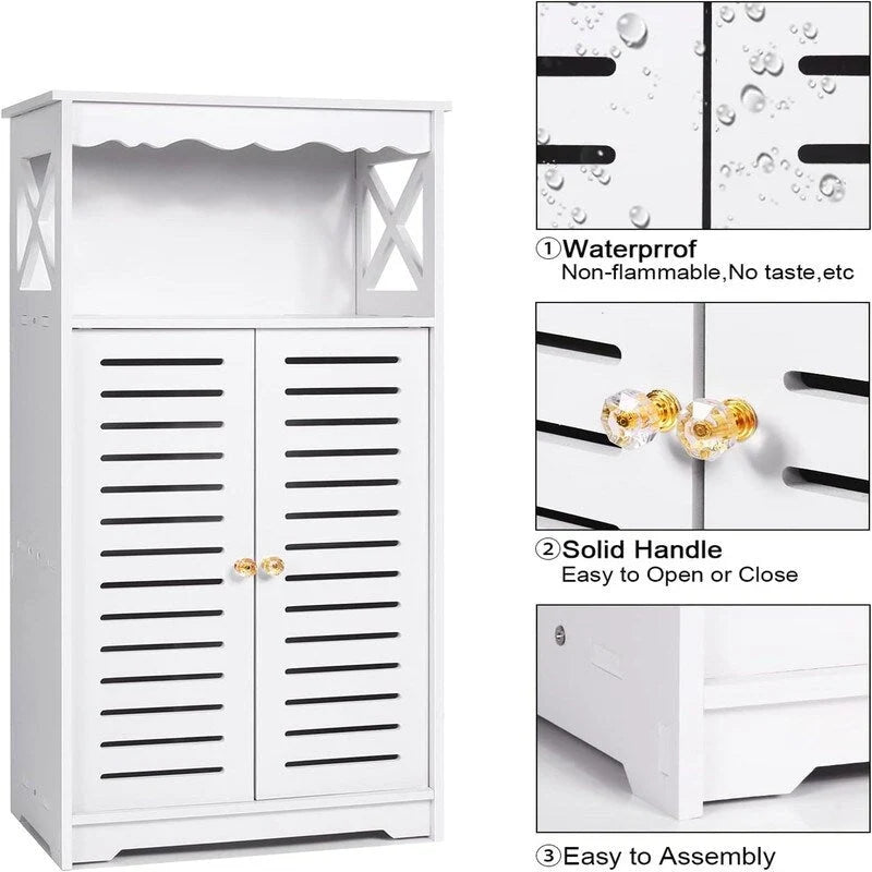 Meuble de Rangement de Salle de Bain Blanc sur Pied avec Doubles Portes à Persiennes