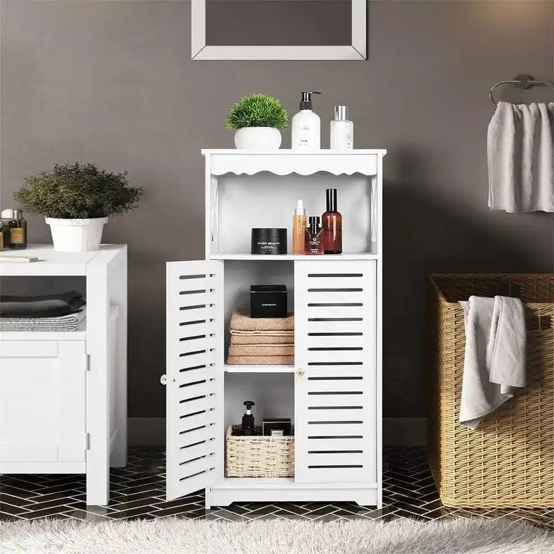Meuble de Rangement de Salle de Bain Blanc sur Pied avec Doubles Portes à Persiennes